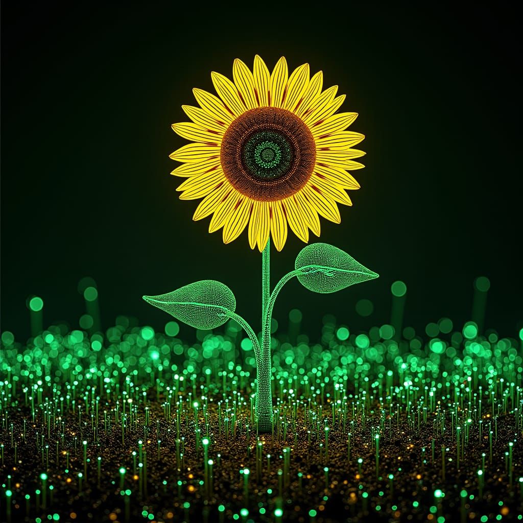 Bioluminescent Sunflower Landscape of Computer Circuitry