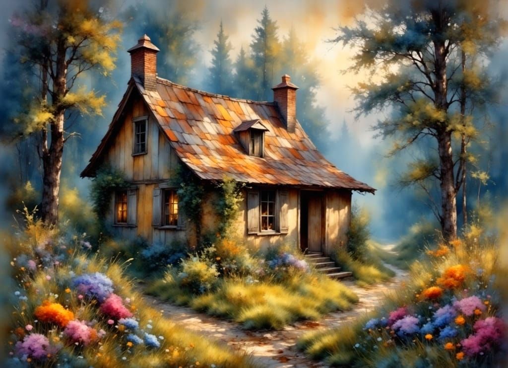 Summer Cottage in Vibrant, Impasto Colors