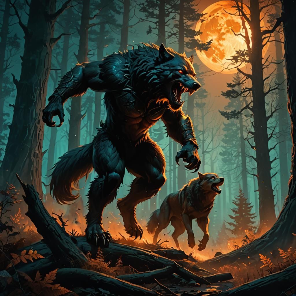 Werewolf Clash in Misty Forest: Dark Fantasy Illustration