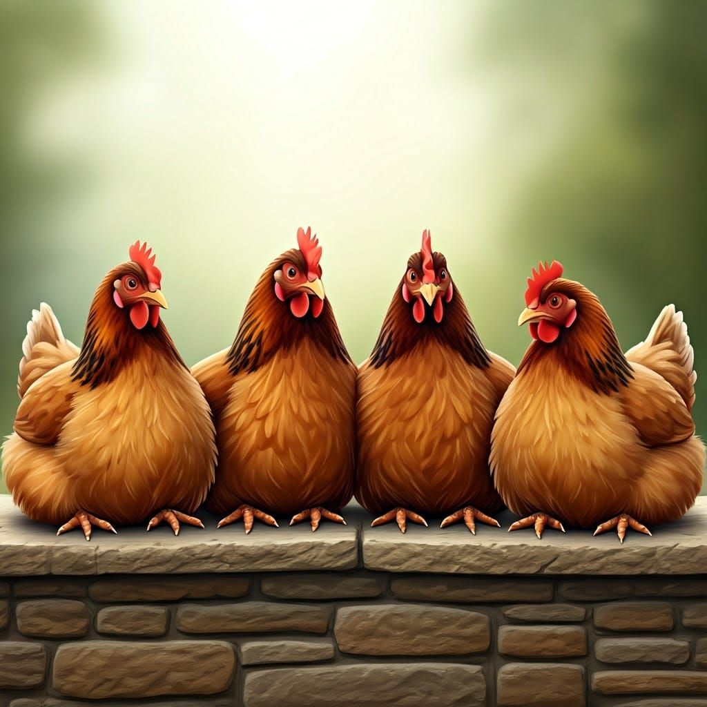 Four Plump Hens in Folk-Art Whimsy