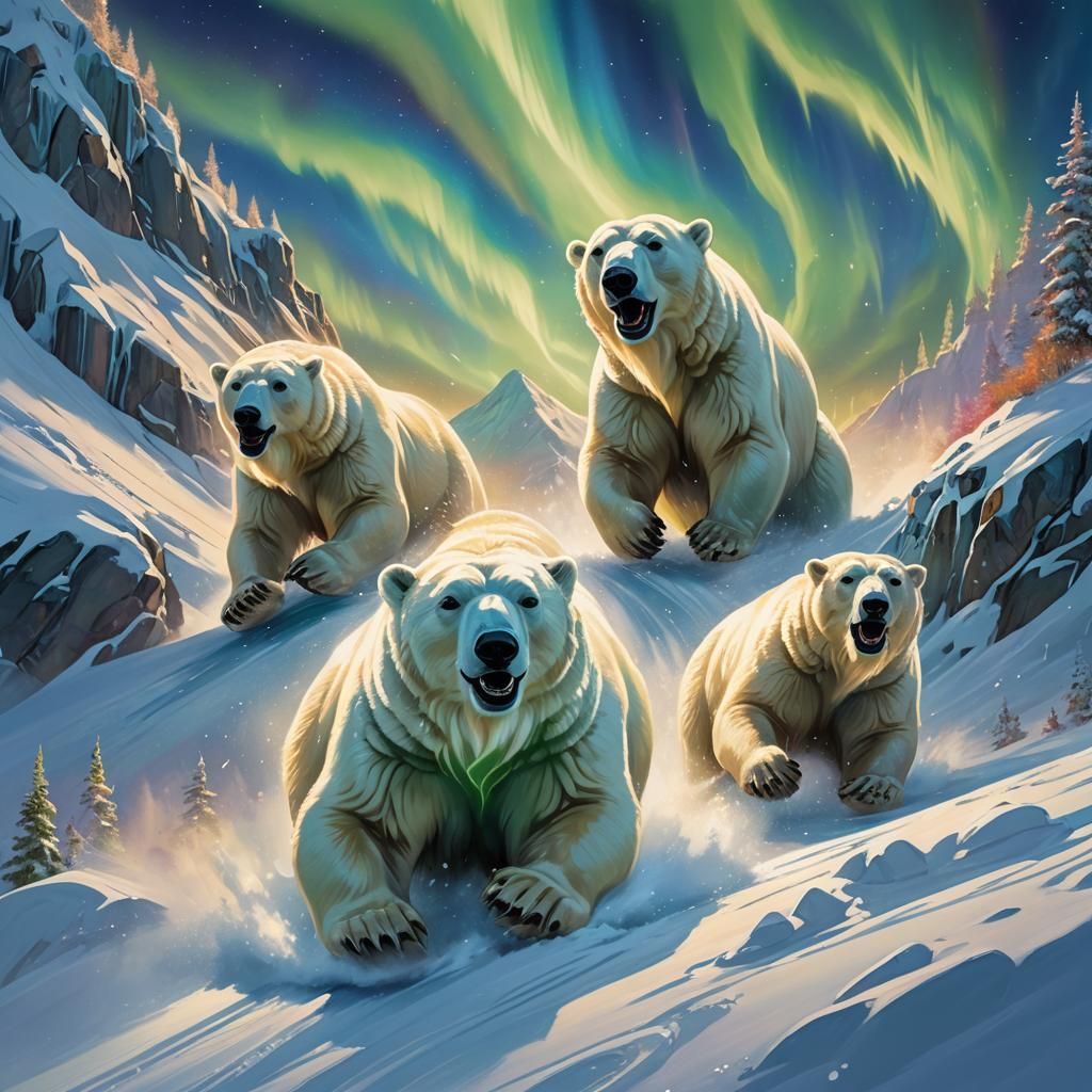 Polar Bears Sledding: Hyperrealistic Aurora Borealis Scene