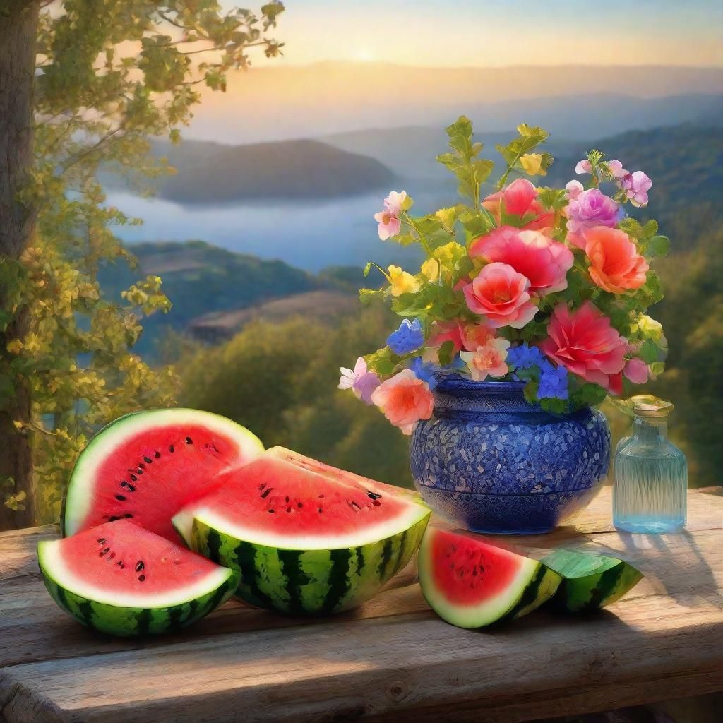 Neo-Impressionist Still Life with Flowers and Watermelons
