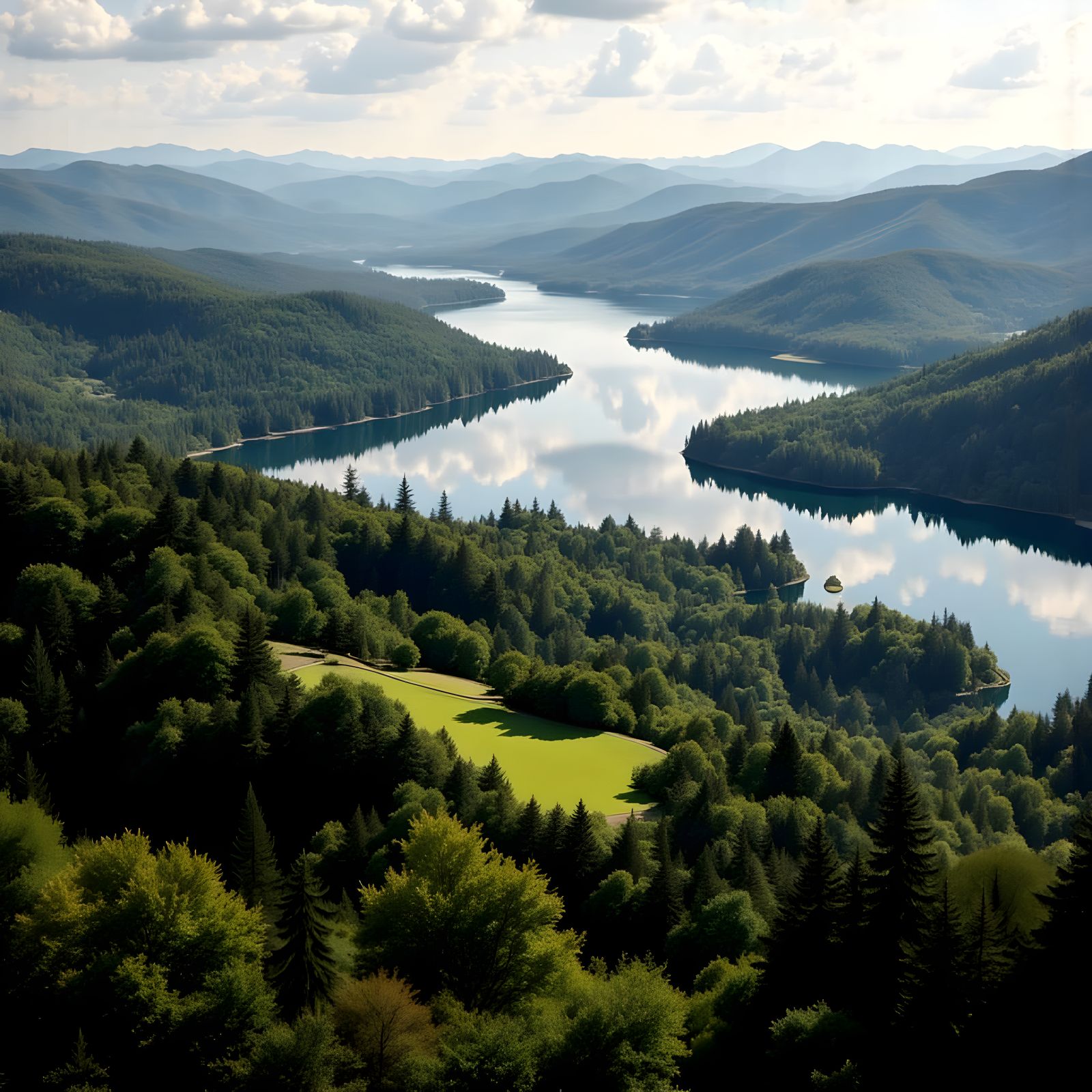 Aerial View of Serene Misty Landscape in Impressionistic Sty...