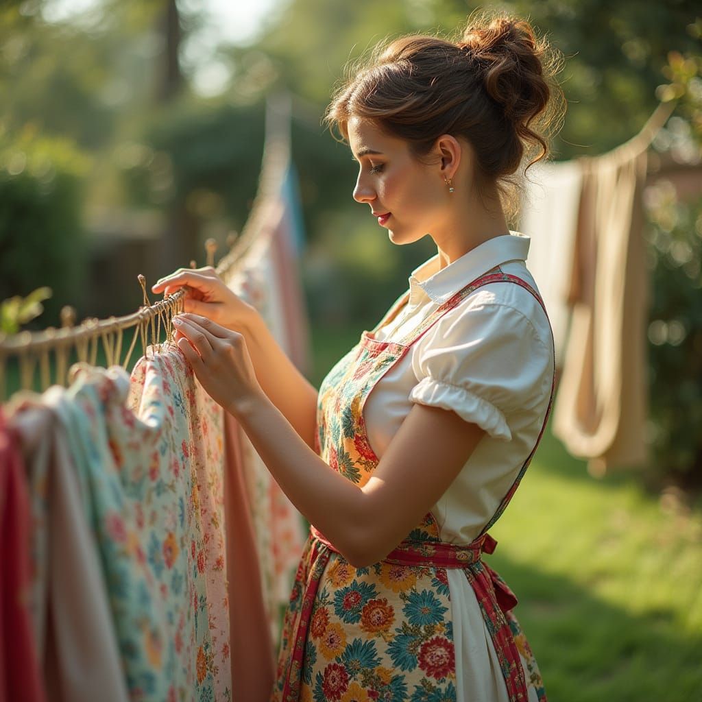 Vintage Woman Hanges Laundry in Rockwell Style