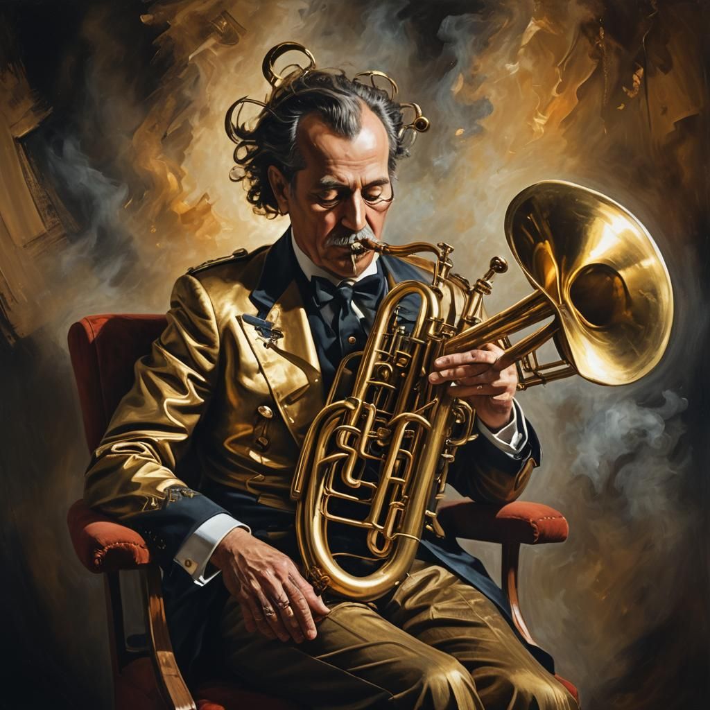 Euphonium-Headed Person in Smoky Room, Surreal 3D Art