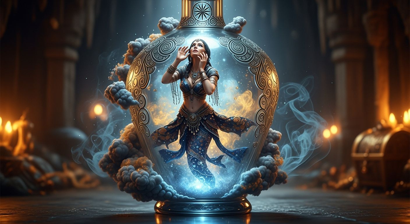 Female Genie Trapped in Ornate Antique Bottle