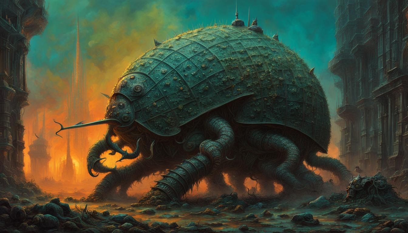 Beksiński-Inspired Bioluminescent Isopod in Dystopian Landsc...
