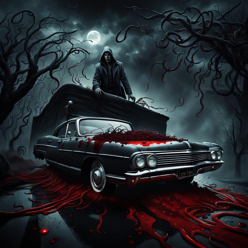 Gothic Horror: Dead Man on Car, Grisly Scene