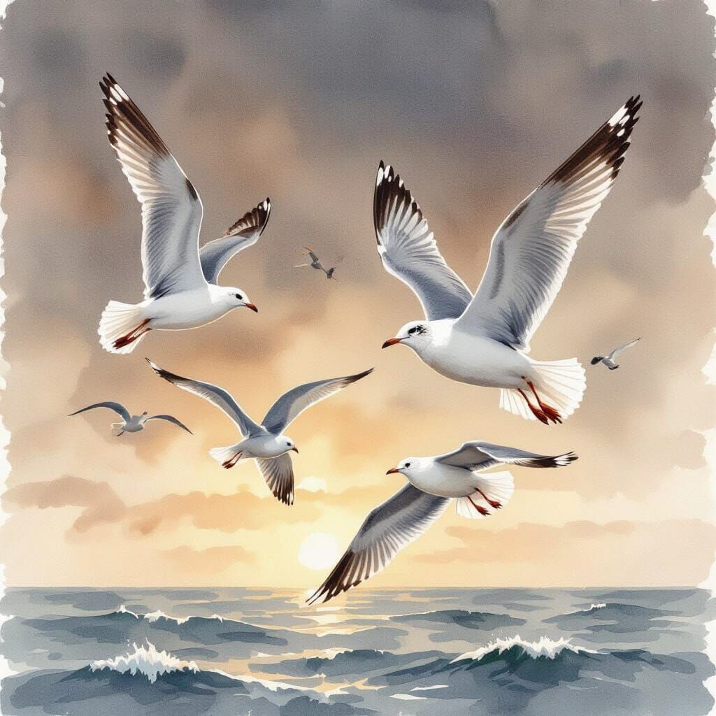 Seagulls Flying Over the Sea in Watercolor