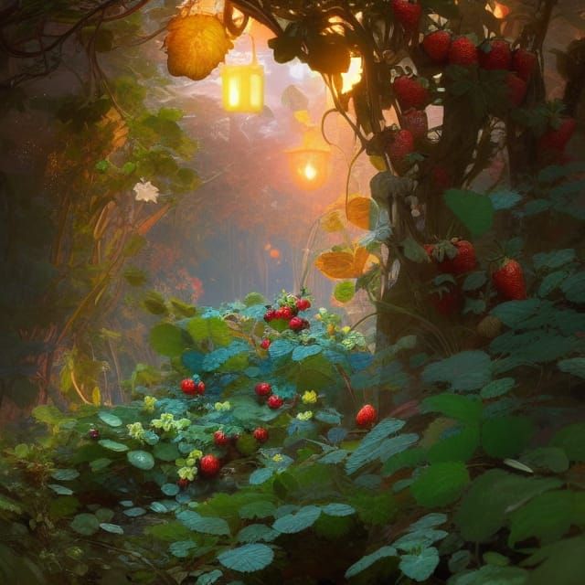 Luminous Overgrown Strawberry Garden in Art Nouveau Style
