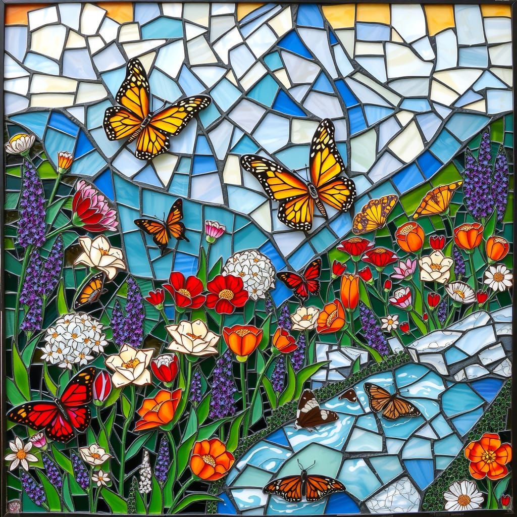 Stunning Mosaic Artwork of Butterflies in a Mountain Field