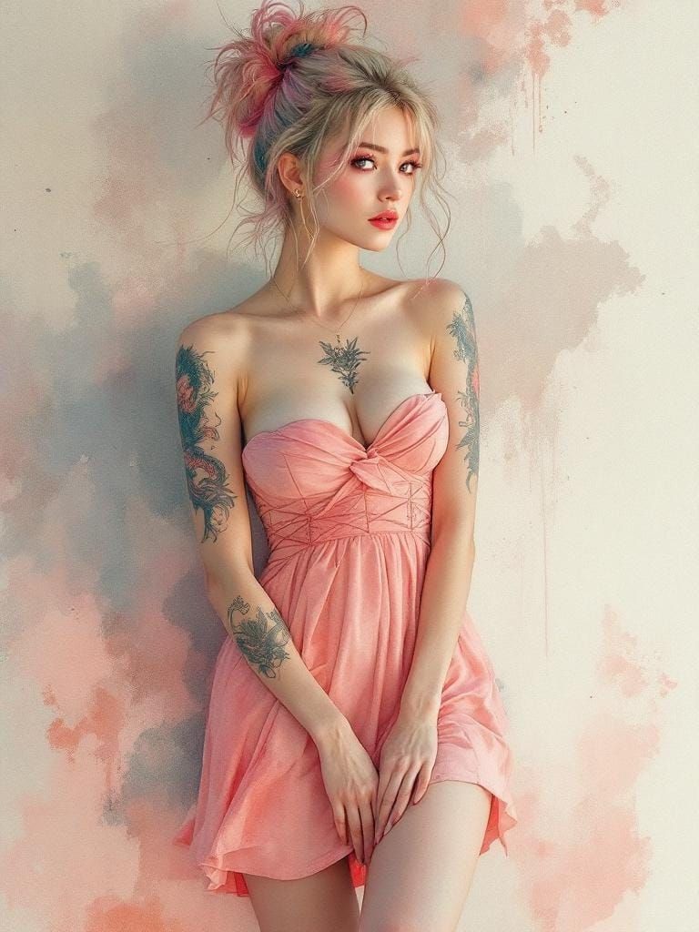 Pin-Up Woman with Dragon Tattoos in Watercolor Style