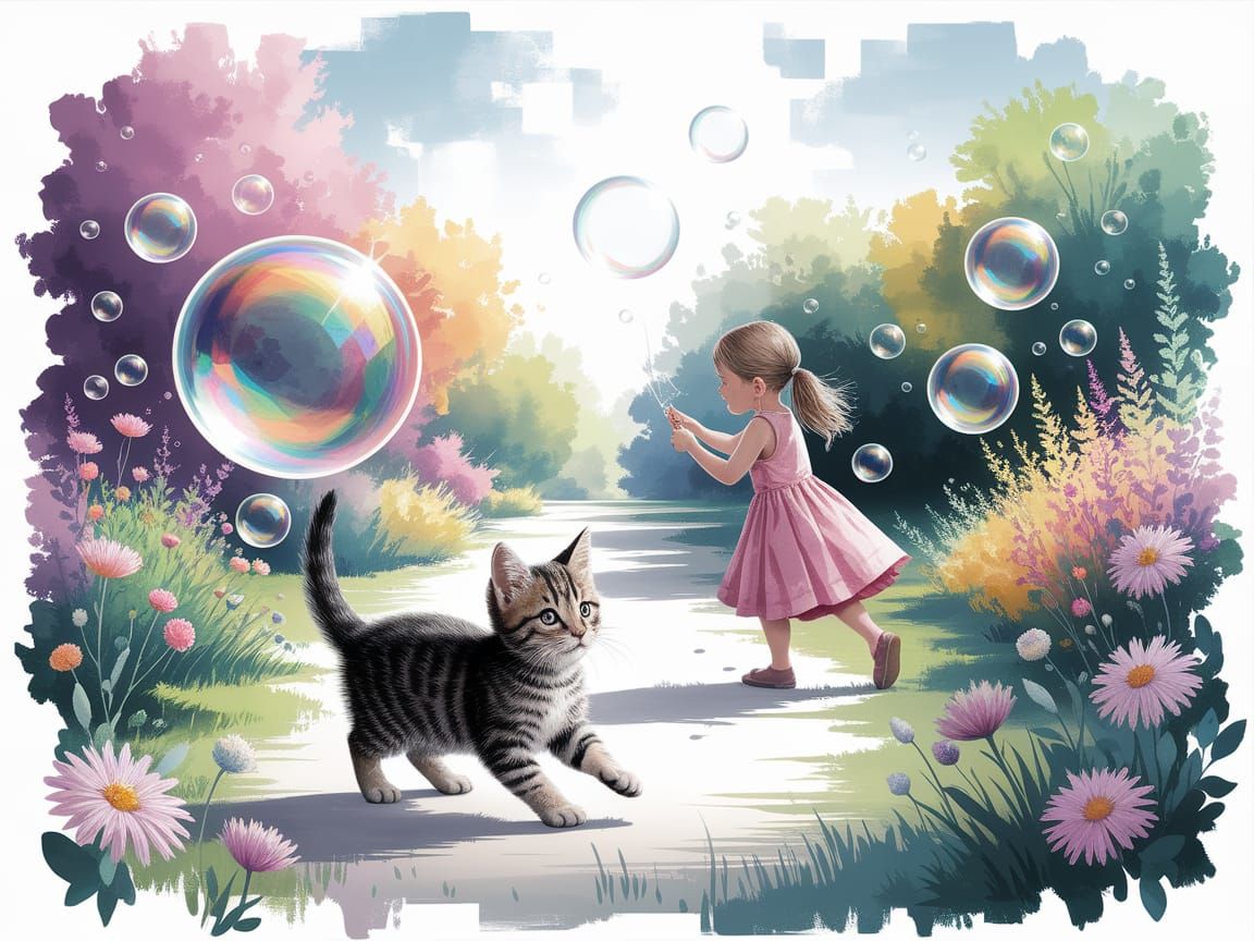 Kitten Chasing Bubbles in Watercolor Garden
