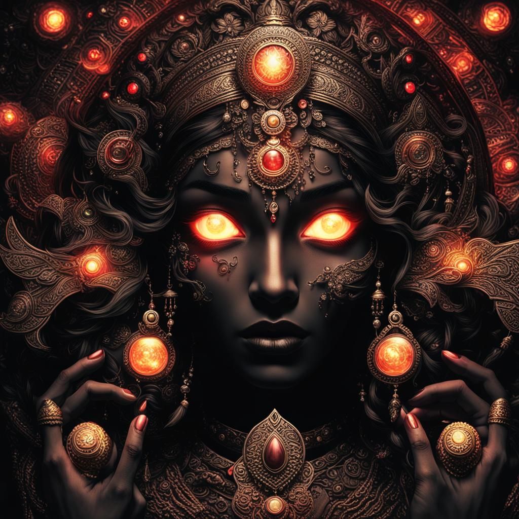 Goddess with Glowing Eyes Rising from Darkness