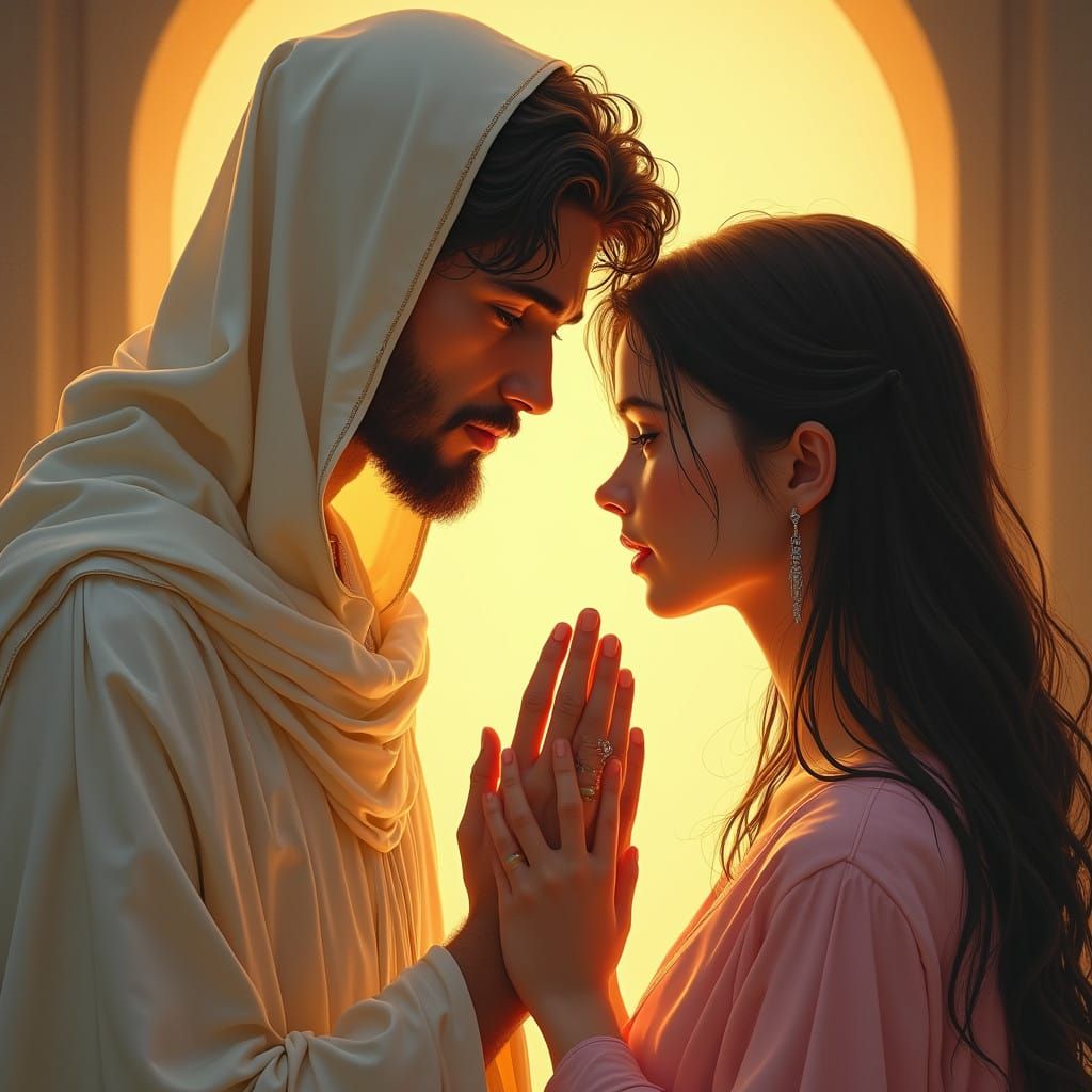 Serene Saintly Encounter in a Golden Glow