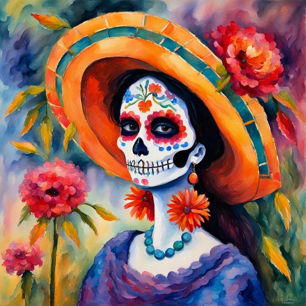 Catrina Mexicana: Watercolor Painting in Expressionist Style