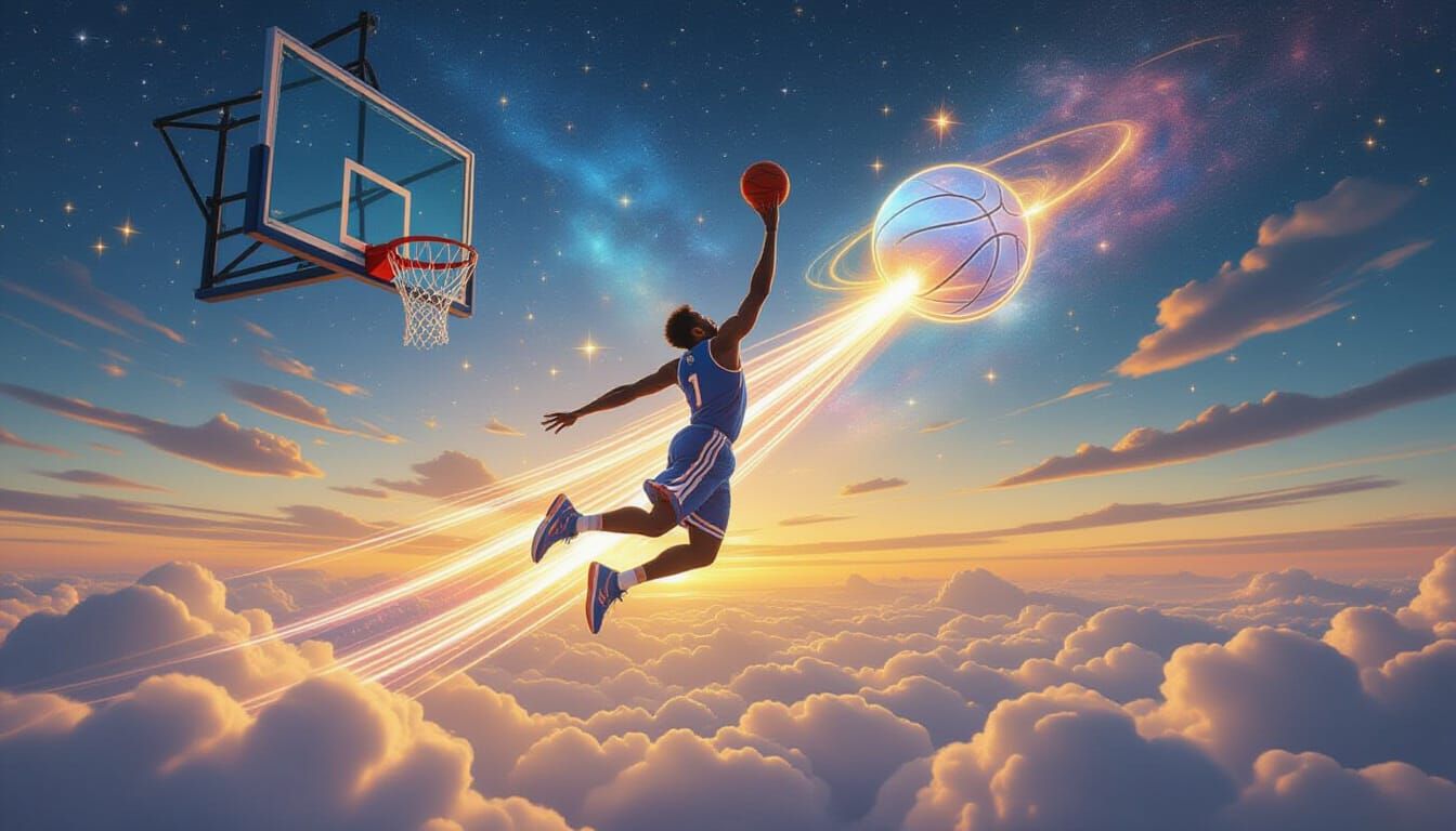 Celestial Basketball Player Dunking Above Clouds