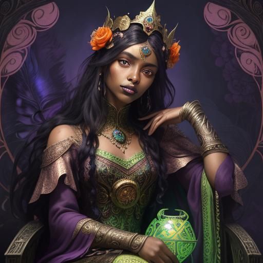 Dark Fantasy Queen with Peacock Feathers, Art Nouveau