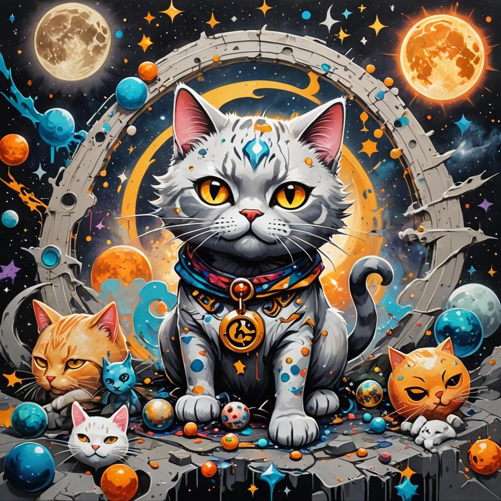 Polychromatic Graffiti Cat with Astrology Symbols