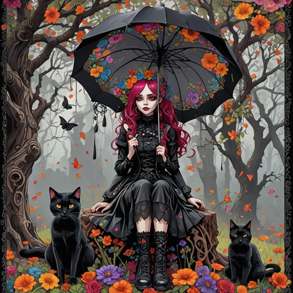 Gothic Girl with Floral Umbrella: Digital Illustration