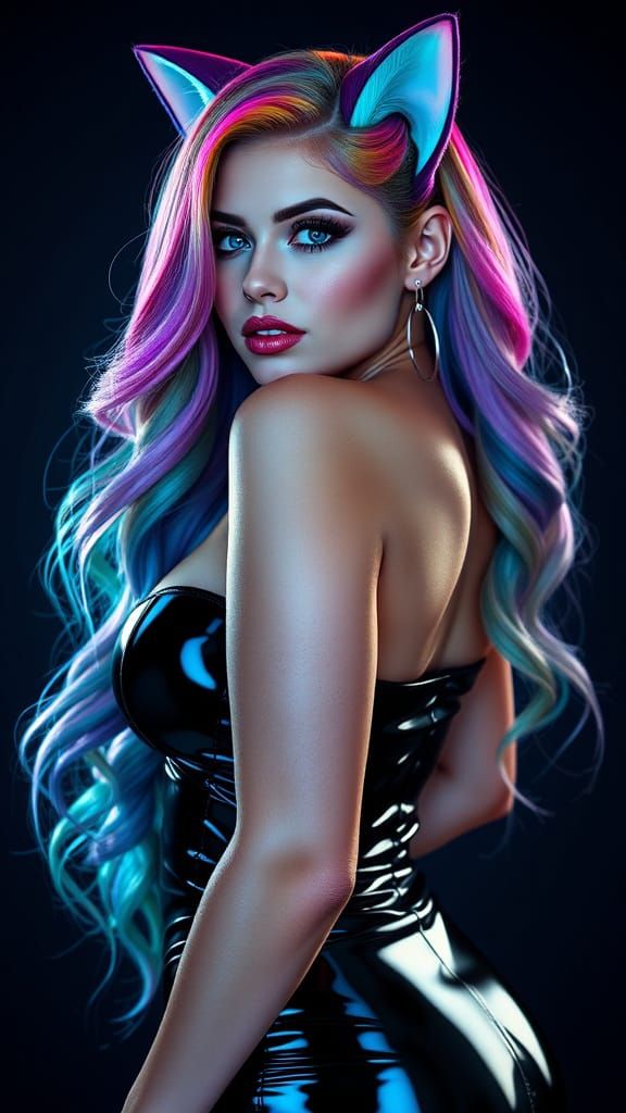 Sultry Cyberpunk Goddess with Sparkling Blue Eyes and Rainbo...