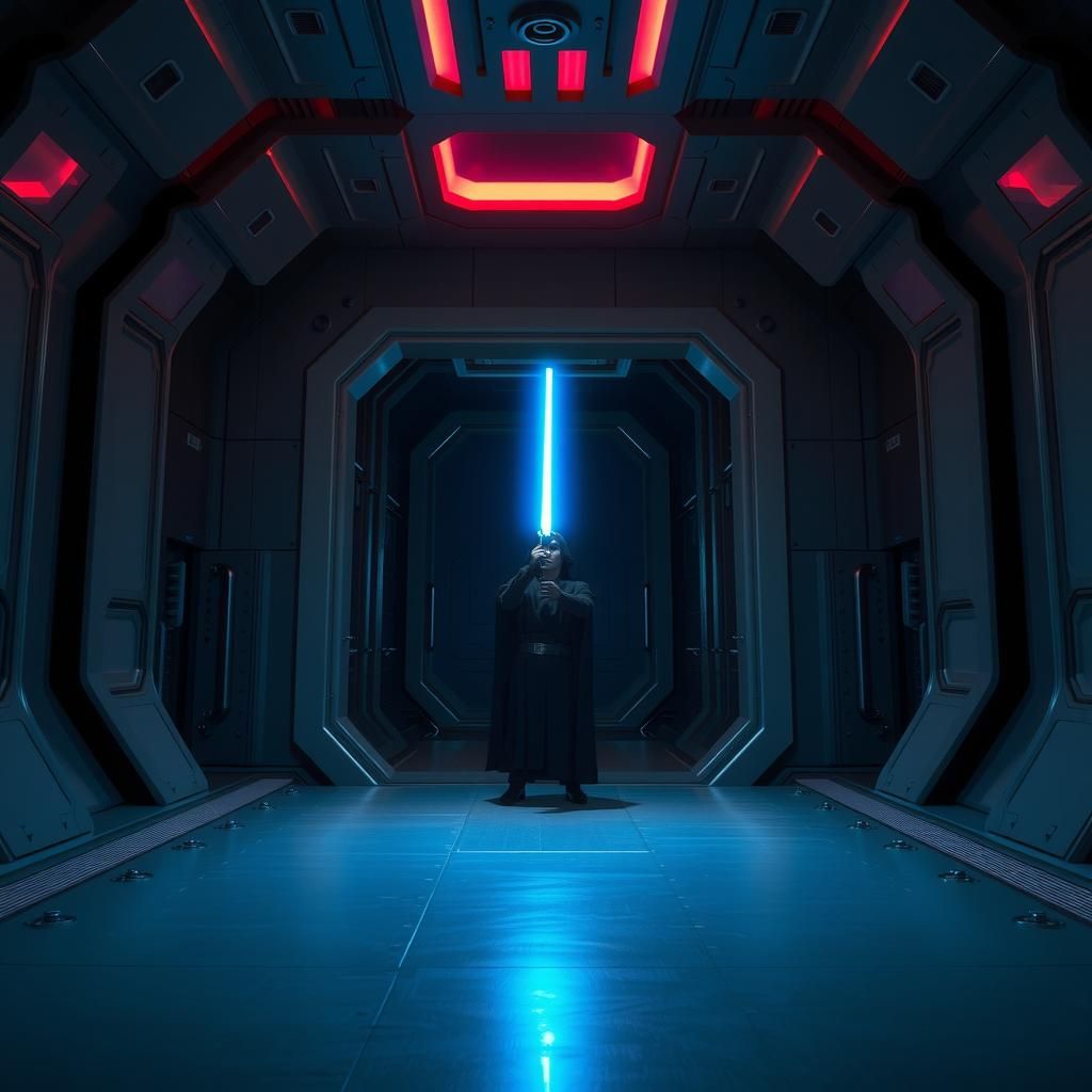 Lone Figure Ignites Lightsaber in High-Tech Chamber