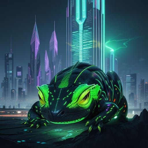 Bioluminescent Gecko on Cyberpunk Skyscraper