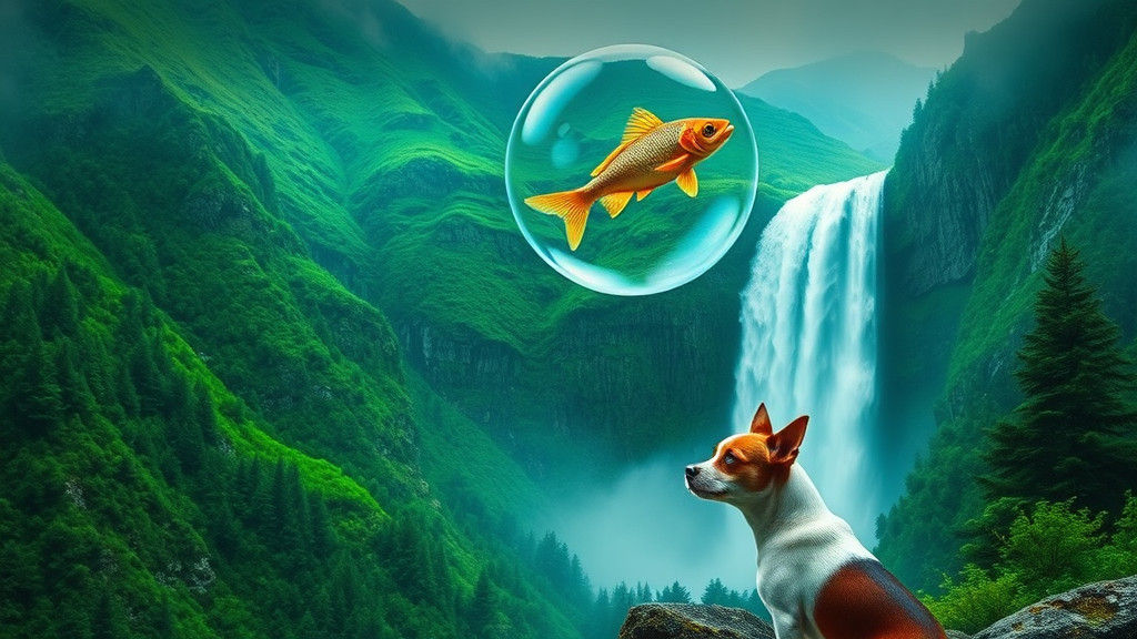 Lush Mountain Valley with Floating Fish in Digital Art