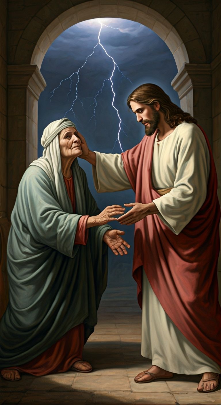 Jesus Healing Blind Woman in Lightning Storm