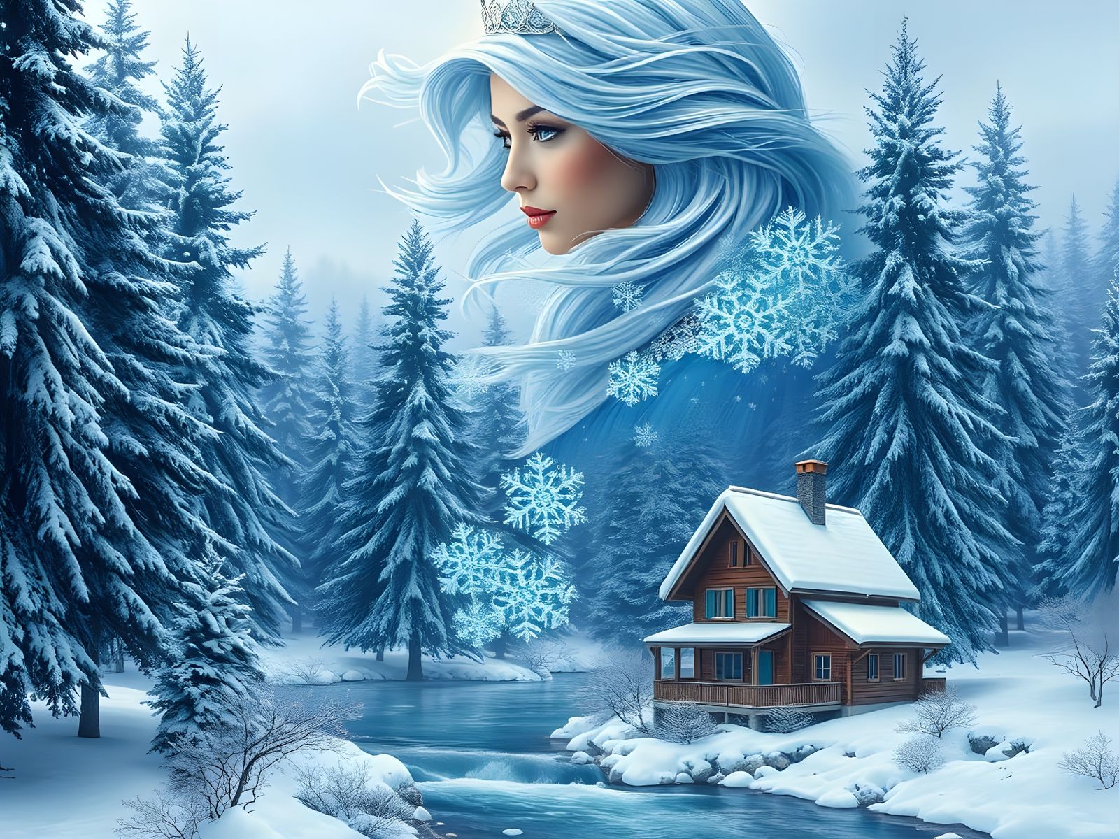 Winter Maiden and Fir Trees Double Exposure