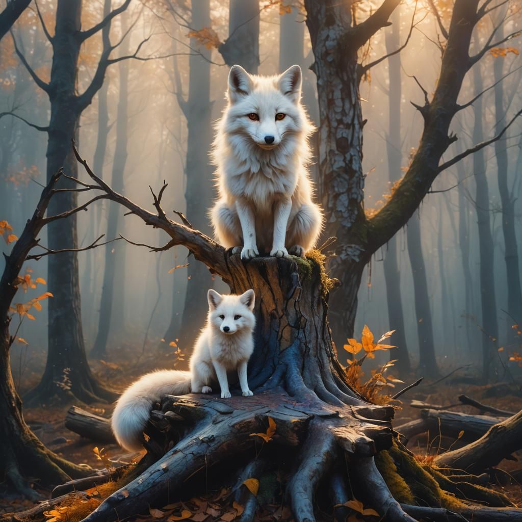 White Fox on Misty Stump: Fantasy Matte Painting