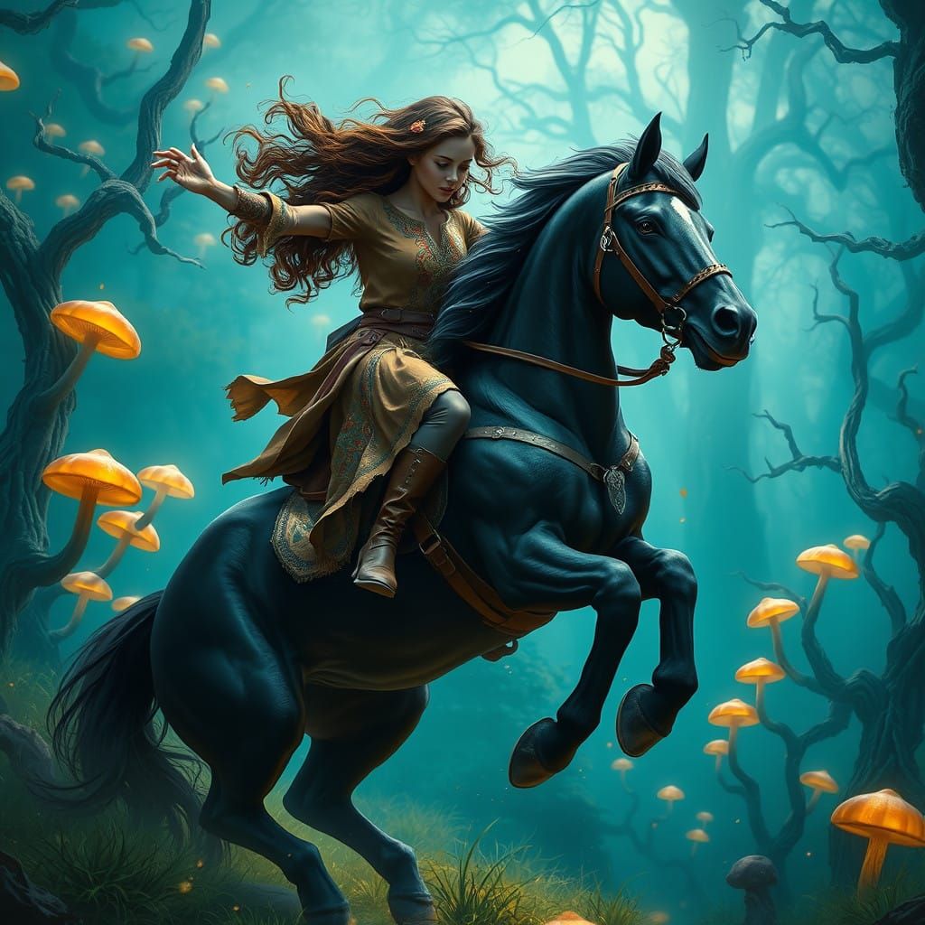 Young Woman in Whimsical Fall Amidst Enchanted Forest