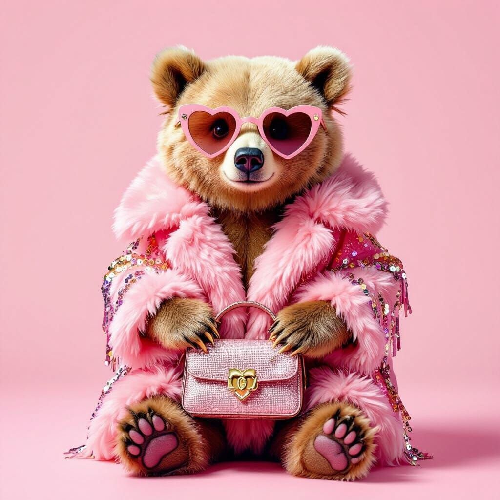 Chic Bear in Pink Fur Coat with Heart Sunglasses