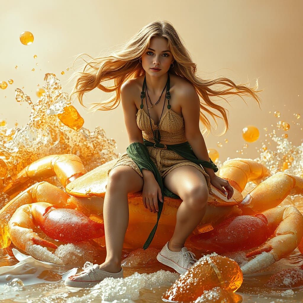 Woman on Gummy Crab in Effervescent Soda Sea