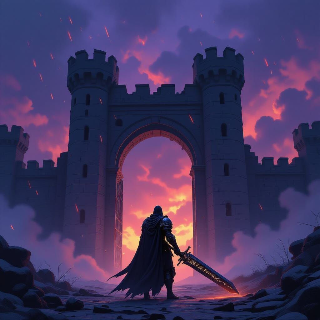 Lone Knight Before Crumbling Castle Gate