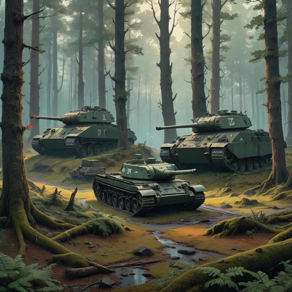 WWII Tanks in Mystical Forest, Matte Painting