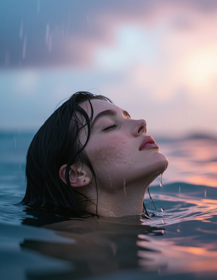 35mm Film Portrait: Person in Water with Stormy Mood