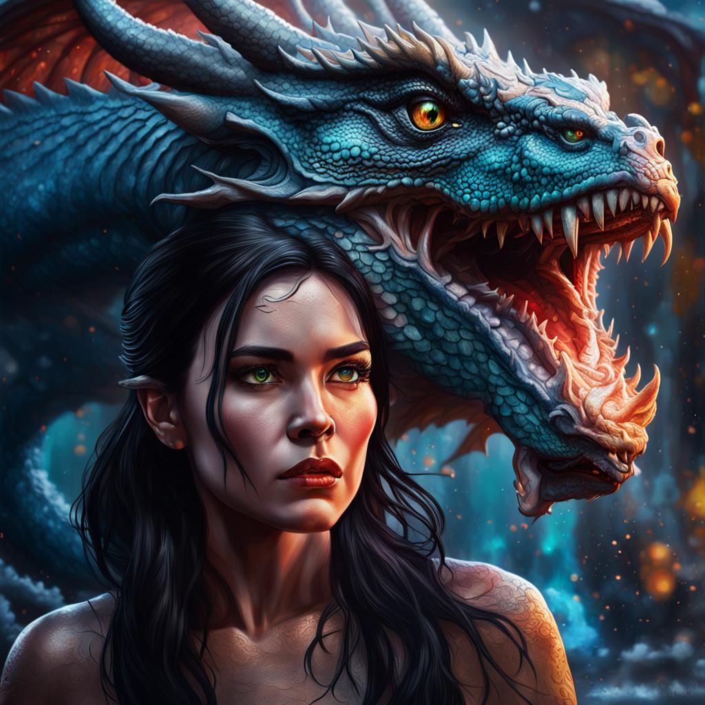 Dark Haired Woman with Dragon in Hyperrealistic Style