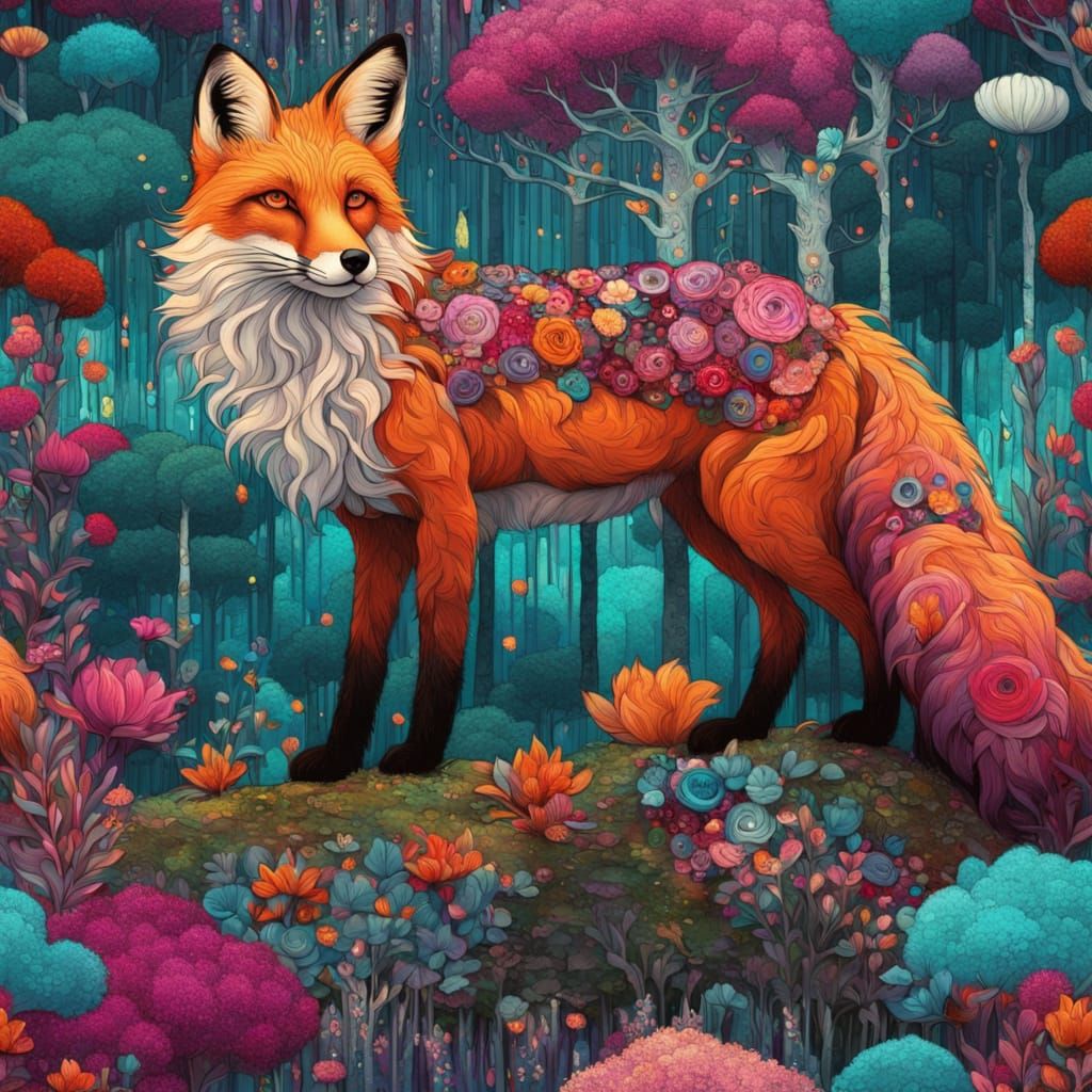 Fox in Magical Forest: Klimt-Inspired Digital Art