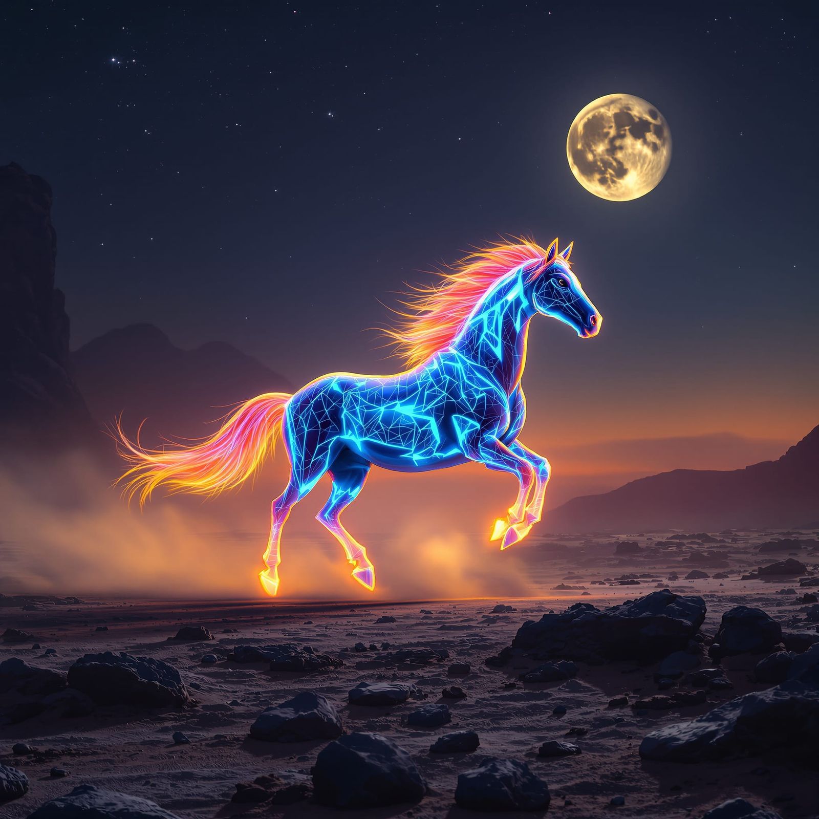 A majestic mustang horse with iridescent, bioluminescent tattoos  galloping across a desolate, alien desert landscape un...