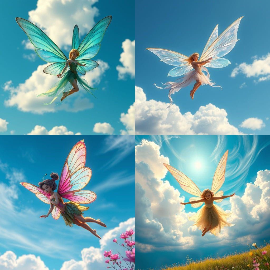 Adult Fairy Soars in a Vibrant Blue Sky