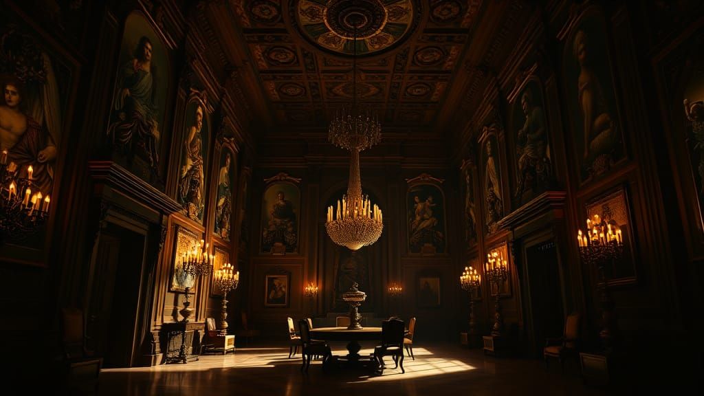 Golden Palazzo Interior in Dramatic Chiaroscuro