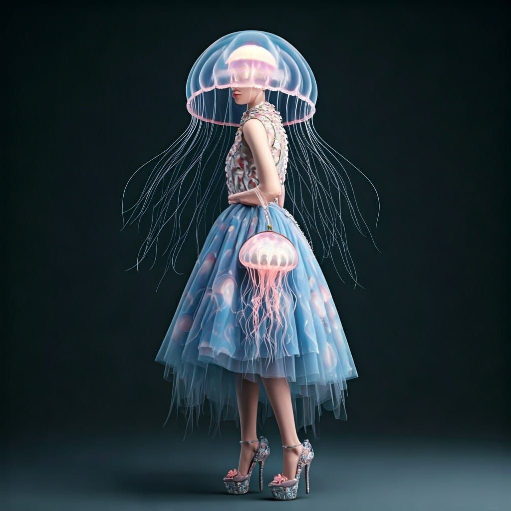 Elegant Woman in Jellyfish-Inspired Fashion, Hyper-Realistic