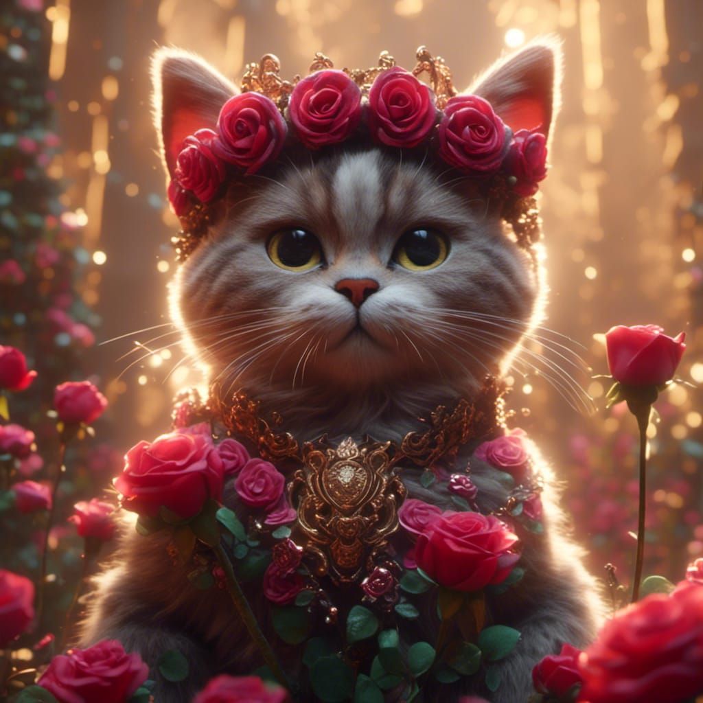 Cat with Rose Crown: Detailed Fantasy Art
