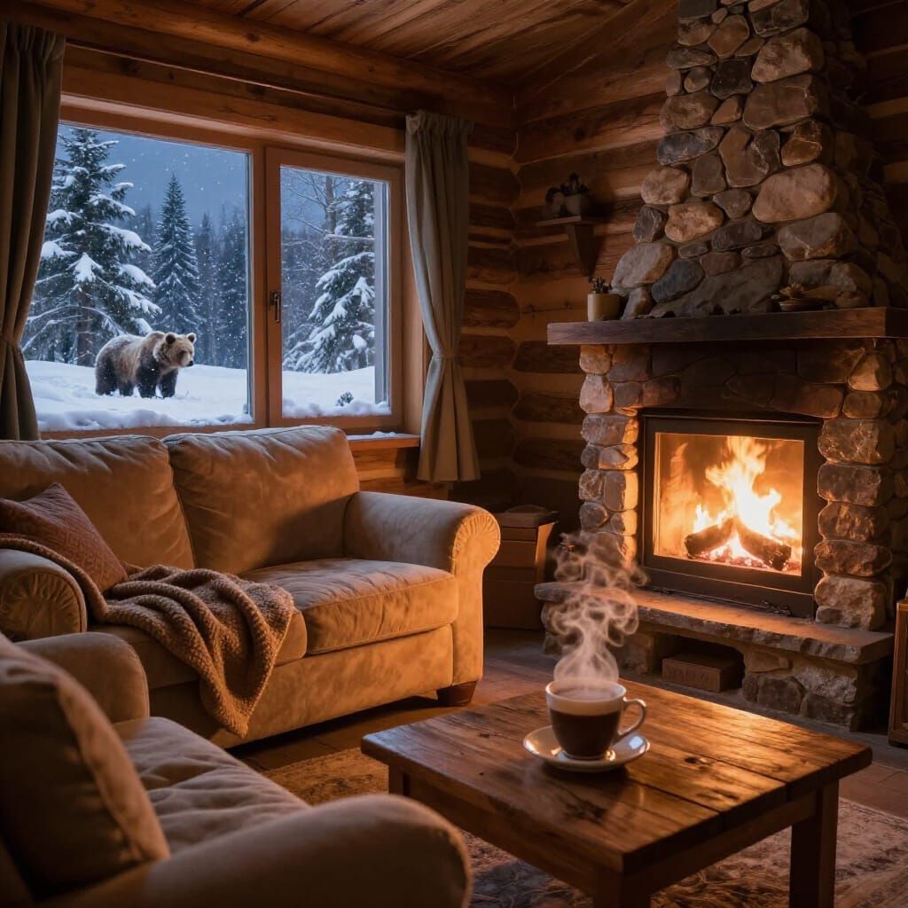 Cozy Log Cabin Interior with Winter Scene