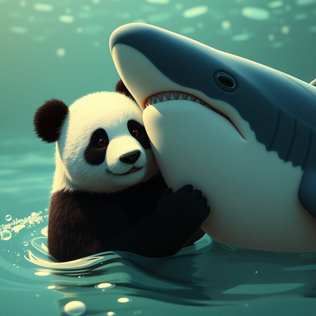 Panda and Whaleshark Friends in Retro Cinematic Style