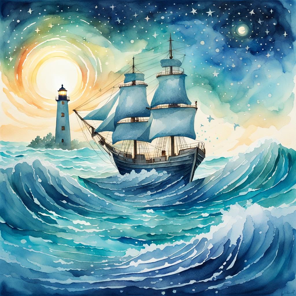 Watercolor Sailing Ship on Starry Ocean