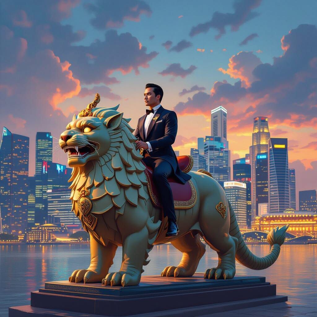 President Tharman Rides a Merlion, Concept Art Style