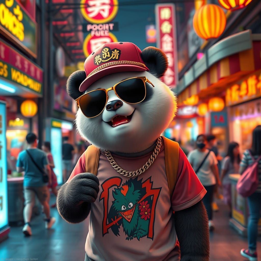 Urban Joyful Panda at Street Fair in Anime-Inspired 3D