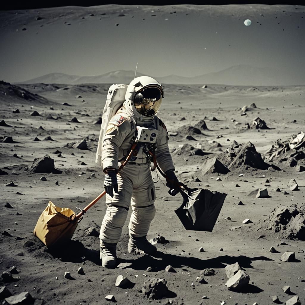 Astronaut Trashman Cleans the Moon: A Cinematic Still